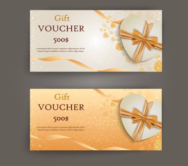 Kurdeleli ve hediye kutulu lüks hediye çeki. Şenlikli bir hediye çeki, kupon ve sertifika için zarif bir şablon. İndirim Coupon Şablonu Vektör İllüstrasyonu EPS10