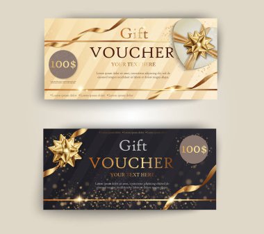 Kurdeleli ve hediye kutulu lüks hediye çeki. Şenlikli bir hediye çeki, kupon ve sertifika için zarif bir şablon. İndirim Coupon Şablonu Vektör İllüstrasyonu EPS10