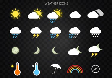 Modern hava Icons set. Koyu arka plan üzerinde düz vektör simgeler. Vektör Eps10