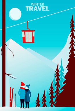 Kış seyahat. Seyahat dünya için. Yolculuk. İllüstrasyon seyahat. Kayak çift. Kış cityscape, kış sporları, açık havada. Yeni yıl. Düz tasarım. Düz stil neşeli Noel afiş.