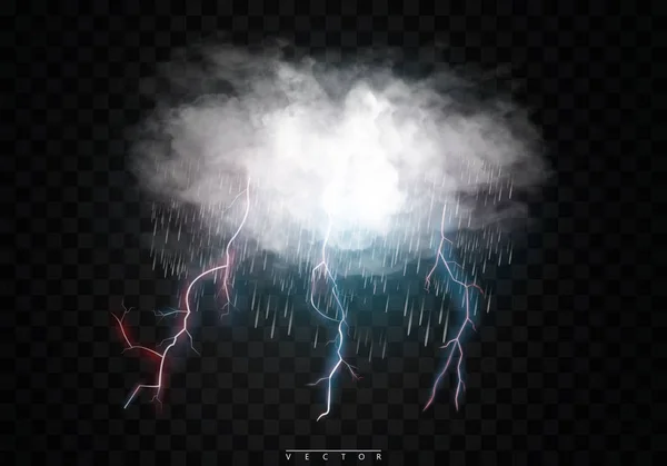Gewitterwolken Regen Und Blitze Isoliert Auf Einem Transparenten Hintergrund Vektor — Stockvektor