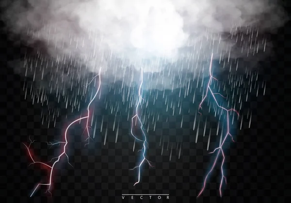 Gewitterwolken Regen Und Blitze Isoliert Auf Einem Transparenten Hintergrund Vektor — Stockvektor