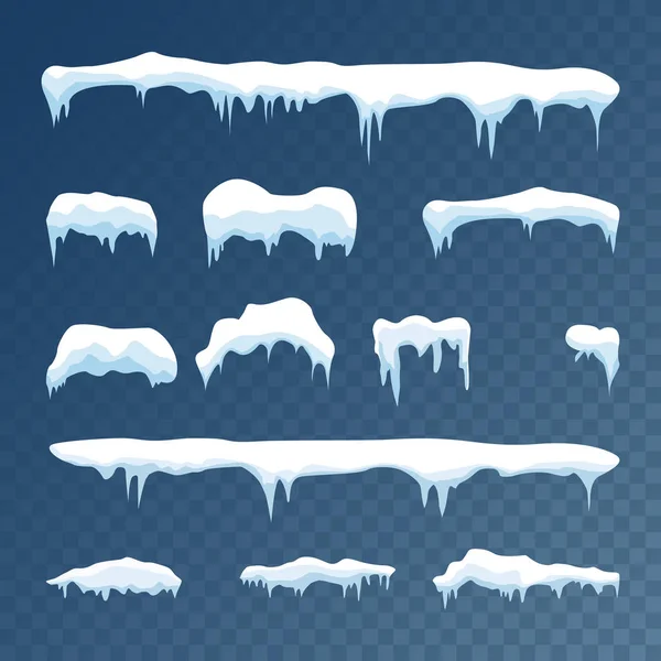 Set Eiszapfen Schneekappe Isoliert Verschneite Elemente Auf Winterlichem Hintergrund Vektorvorlage — Stockvektor