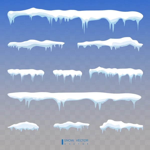Set Snow Icicles Snow Cap Isolated Snowy Elements Winter Background — Stock Vector