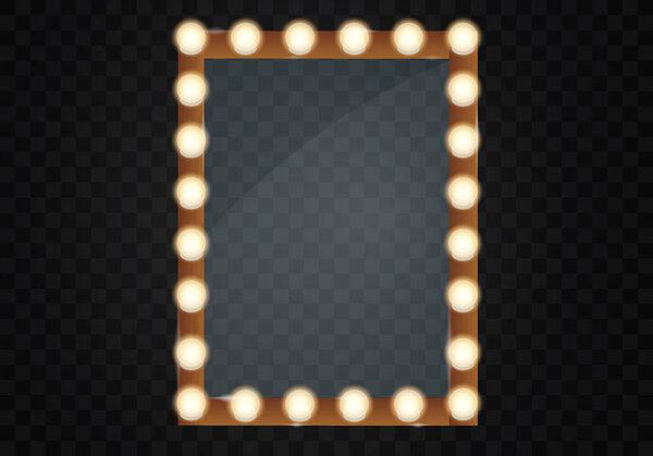 Mirror in frame with light makeup lights for changing room or backroom, on transparent background vector illustration