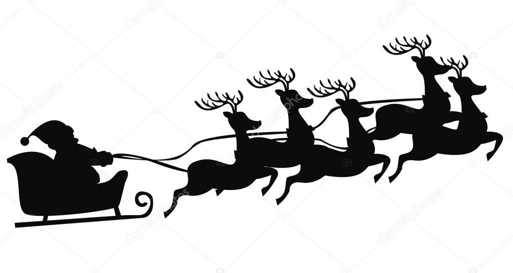 Black silhouette Santa flying in a sleigh with reindeer. Isolated object. Christmas. New Year. Vector illustration EPS10