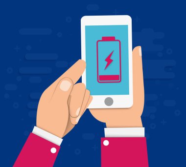 El üstünde belgili tanımlık perde smartphone ile düşük pil tutar. Düz vektör çizim. Eps10