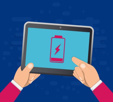 El bir tablet düşük pil ile ekranda tutar. Düz vektör çizim. Eps10