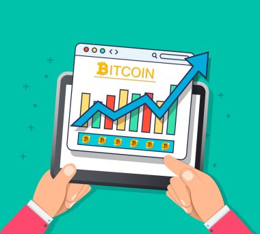 Dijital bitcoin cryptocurrency. Sanal para. Cryptocurrency kavramı. Altın sikke bitcoin işareti ile. Altın bitcoin büyüyen grafikle. Vektör arka plan. Eps10