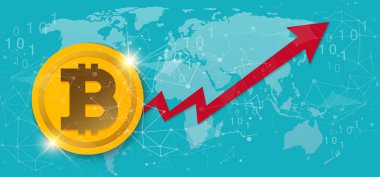 Dijital bitcoin cryptocurrency. Sanal para. Cryptocurrency kavramı. Altın sikke bitcoin işareti ile. Altın bitcoin büyüyen grafikle. Vektör arka plan. Eps10