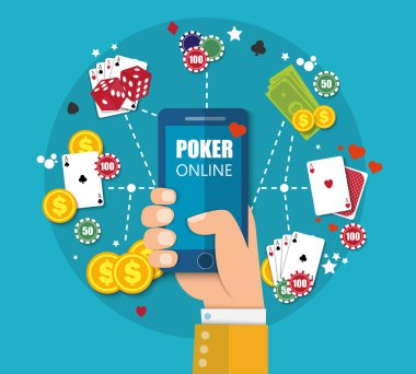 Mobil casino Türkçe arka plan. Poker app online kavramı. Akıllı telefon kartları ve para ile. Vektör Eps10