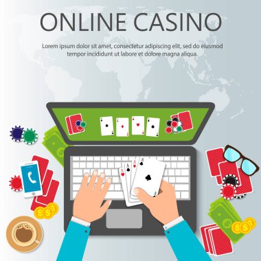 Casino online poker geleneksel kartları nakit para almanın güvenli kumar için ayarlayın. Online casinoda düz stil Illustration. Online poker app. vektör Eps10