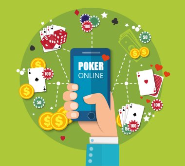 Mobil casino Türkçe arka plan. Poker app online kavramı. Akıllı telefon kartları ve para ile. Vektör Eps10