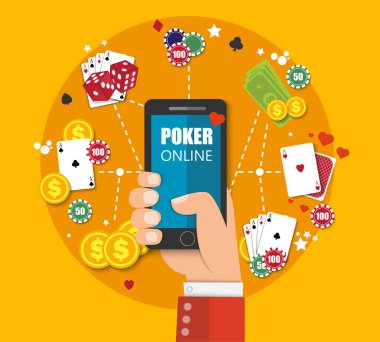 Mobil casino Türkçe arka plan. Poker app online kavramı. Akıllı telefon kartları ve para ile. Vektör Eps10