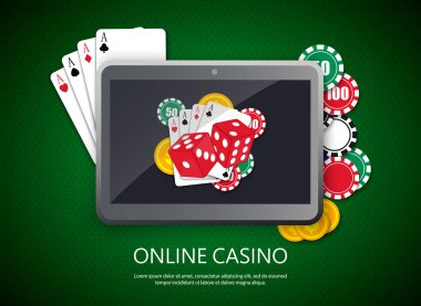 Online casino tasarım poster afiş. Kartlar masada ve poker fişleri ile tablet. Arka plan, poker mobil uygulama vektör Eps10 kumar casino
