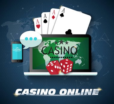 Online casino tasarım poster afiş. Kartlar masada ve poker fişleri ile tablet. Arka plan, poker mobil uygulama vektör Eps10 kumar casino