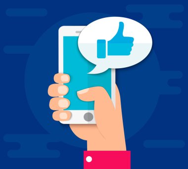 El tutma smartphone. Simge yaşasın. Sosyal ağ, sosyal medya kullanımı üstünde hareket eden aygıt. Web siteleri, web afiş için kavram. Düz tasarım vektör çizim. Eps10