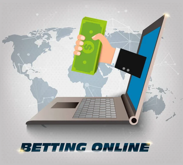 Betting Online. Laptop on the background with a map of the earth. The hand from the screen hands the money to the winner — Stock Vector