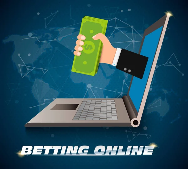 Betting Online. Laptop on the background with a map of the earth. The hand from the screen hands the money to the winner — Stock Vector