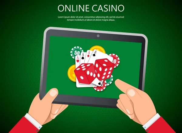 Online Casino Design Poster Banner Tablet Poker Chips Cards Table — Stock Vector
