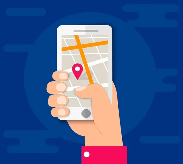 スマート フォン Gps ナビゲーター都市地図とピン ポインター ロードマップ方向の手の場所 携帯電話で市内地図 — ストックベクタ
