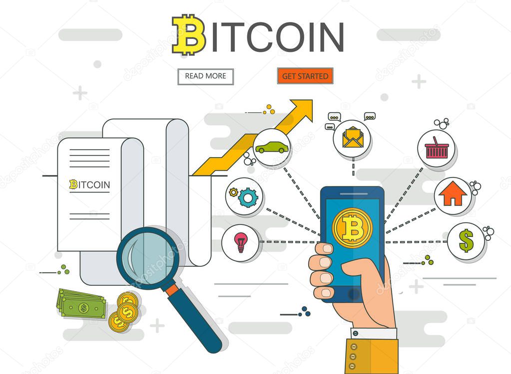 Digital bitcoin cryptocurrency. Virtual money. Cryptocurrency concept. Golden coin with bitcoin sign. Growing chart with golden bitcoin. Vector background. EPS10