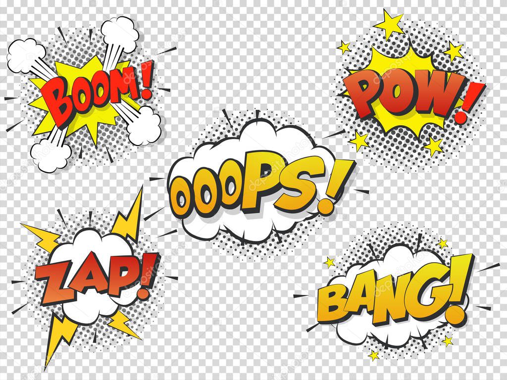 Set Comic speach bubble with prase Boom, Bang, Oops, Pow, Zap. Vector Comic cartoon sound bubble speech.