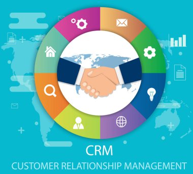 CRM: Müşteri ilişkileri yönetimi. Muhasebe sisteminin düz simgeleri, müşteriler, destek, anlaşma. Müşterilerle çalışma verilerinin organizasyonu, CRM konsepti. Vektör illüstrasyonu EPS10