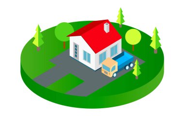 Vektör izometrik evi bir ev temsil eden bir kamyon ile. Vektop Eps10