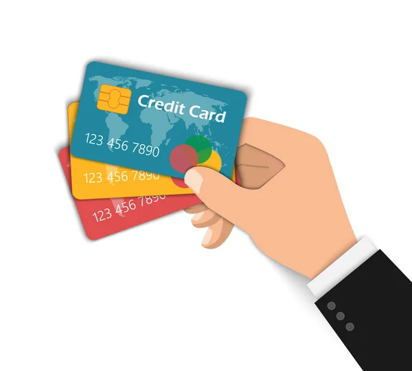 Mão Tem Cartões Crédito Ilustração Plana Vetorial — Vetor de Stock