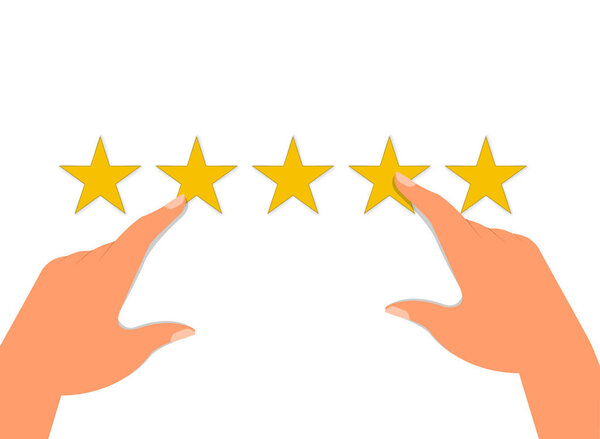 Концепция "Опыт работы с клиентами", "Лучшие услуги для удовлетворения потребностей", представленная Десницей Клиента, дает Звездный рейтинг. Векторная иллюстрация EPS10
