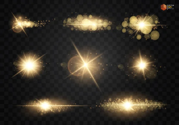 Готово. Сияющая звезда, солнечные частицы и искры с эффектом подсветки, цвета bokeh огни блестят и блестки. На тёмном фоне прозрачно. "Вектор", S10 — стоковый вектор