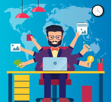 Çalışma alanı profesyonel çalışan geliştirici, programcı, Sistem Yöneticisi veya Designer Resepsiyon ile sandalye. Çalışanın ofis işyeri. Vektör Eps10