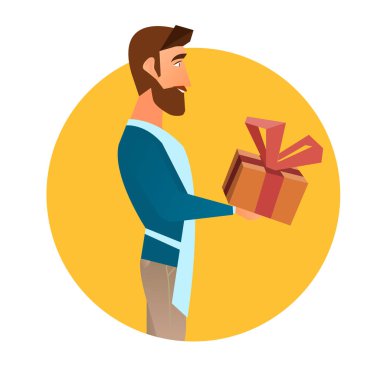 Hippi bir hediye ile. Bir arka plan üzerinde izole bir daire, düz bir tasarım vektör çizim.