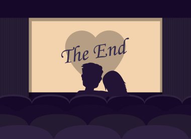 Birkaç sinema tiyatro romantik film izlerken severler. Sinema salonu, sevgi dolu bir çift siluetleri. Vektör düz çizgi film illüstrasyon