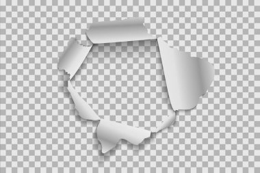 Yırtık kağıt gerçekçi, deliğe şeffaf bir arka plan üzerinde kağıdın. Vektör çizimler Eps10