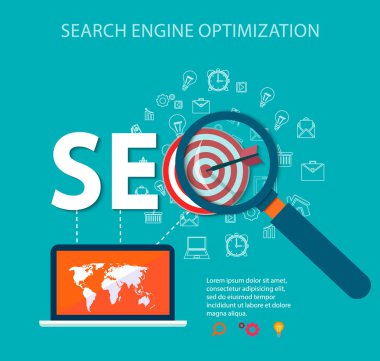 Düz resimde web analytics tasarımı, Seo optimizasyon. Vektör çizim. EPS 10