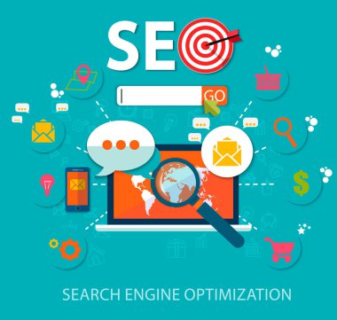 Düz resimde web analytics tasarımı, Seo optimizasyon. Vektör çizim. EPS 10