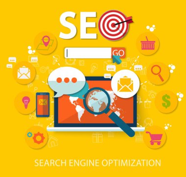 Düz resimde web analytics tasarımı, Seo optimizasyon. Vektör çizim. EPS 10