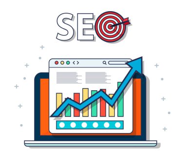 Düz resimde web analytics tasarımı, Seo optimizasyon. Vektör çizim. EPS 10