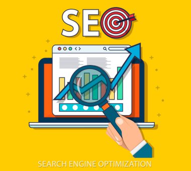 Düz resimde web analytics tasarımı, Seo optimizasyon. Vektör çizim. EPS 10