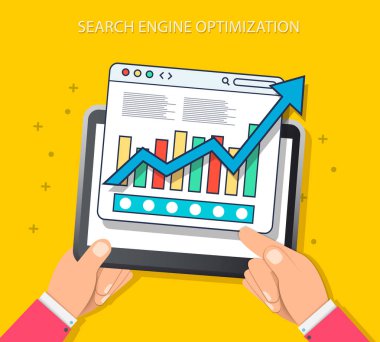 Düz resimde web analytics tasarımı, Seo optimizasyon. Vektör çizim. EPS 10