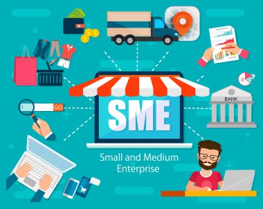 KOBİ vektör çizim, küçük ve orta Atılgan, illüstrasyon iş kavramı içinde yazı kelime. Modern tarzı ile ilgili simgeler kavramı web app banner tasarımı için tasarım. Eps10