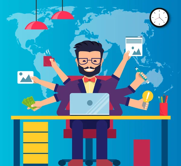 Çalışma alanı profesyonel çalışan geliştirici, programcı, Sistem Yöneticisi veya Designer Resepsiyon ile sandalye. Çalışanın ofis işyeri. Vektör Eps10