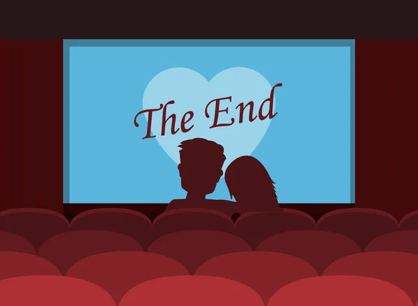 Couple Lovers Watching Romantic Movie Cinema Theater Silhouettes Loving Couple — Stock Vector