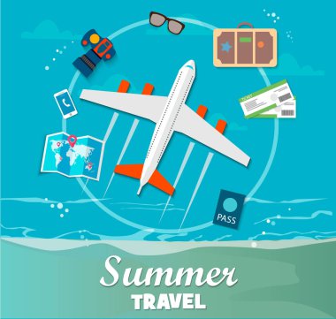Yaz seyahat. Dünya için. Tatil. Yola gidiyoruz. Turizm. Uçak, deniz, plaj ve diğer gezi