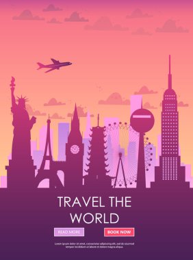 Seyahat dünya için. Tatil. Dünya gezisi. Turizm. Seyahat afiş. İllüstrasyon seyahat. Renkli modern düz tasarım. EPS 10.