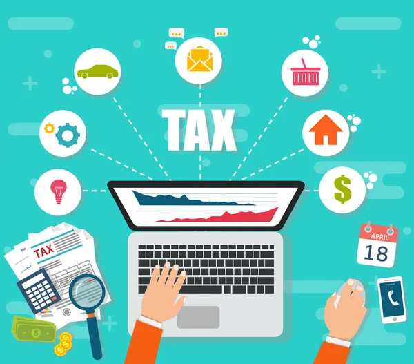 Impuestos Estatales Pago Impuestos Impuestos Gubernamentales Análisis Datos Papeleo Investigación — Vector de stock