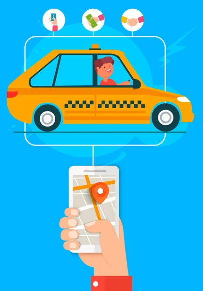 モバイル タクシー トランスポート サービス 携帯電話のモバイル アプリケーション経由でタクシーをご注文で手 ベクトル フラット スタイル イメージでカラフルなイラストです — ストックベクタ