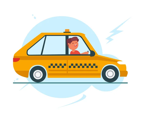 Gelber Taxiwagen Und Taxifahrer Vektor Bunte Illustration Einem Flachen Stil — Stockvektor